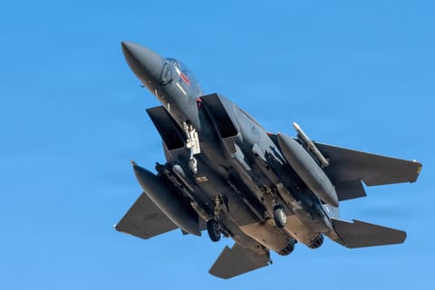 This US Air Force handout photo released by US Central Command public affairs shows an F-15E Strike Eagle aircraft taking off for a mission during Operation Epic Fury at an undisclosed location on March 9, 2026.