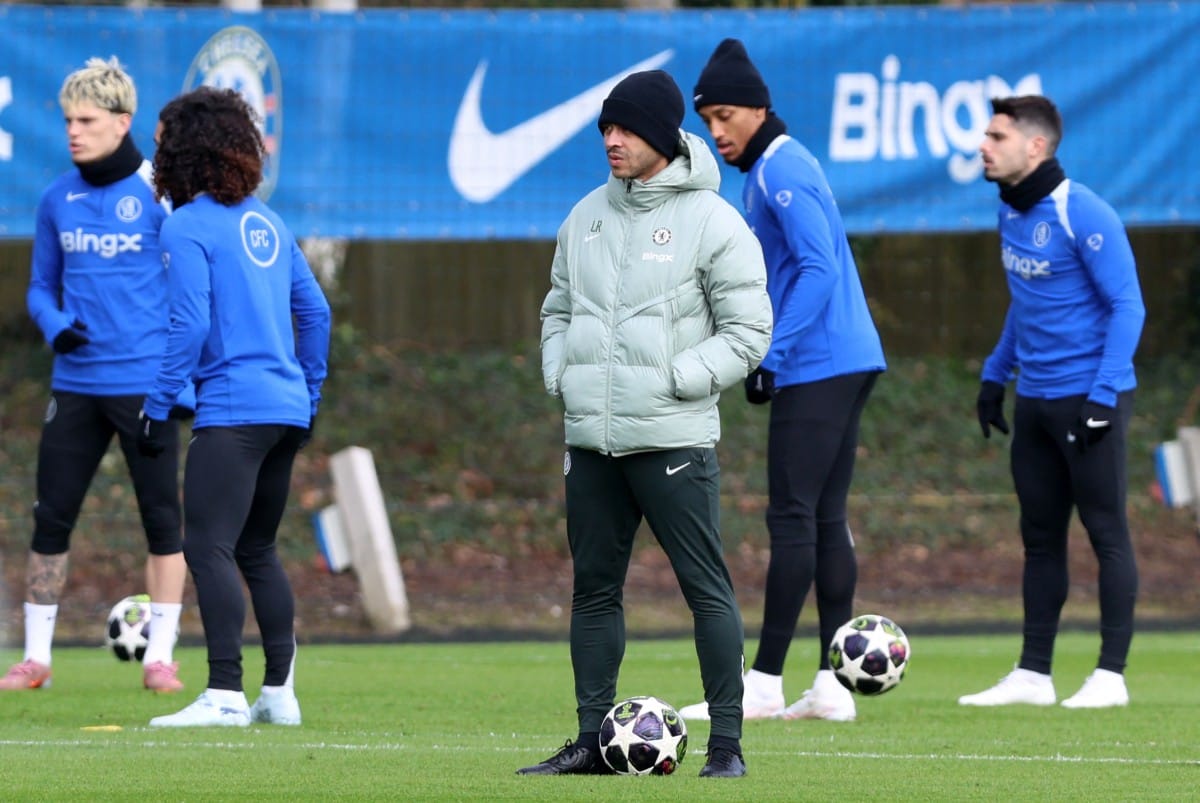 Chelsea's English head coach Liam Rosenior looks on during a team training session at the Chelsea training ground in Cobham, west of London on March 16, 2026, on the eve of their UEFA Champions League, Last 16 second leg football match against Paris Saint-Germain (PSG).