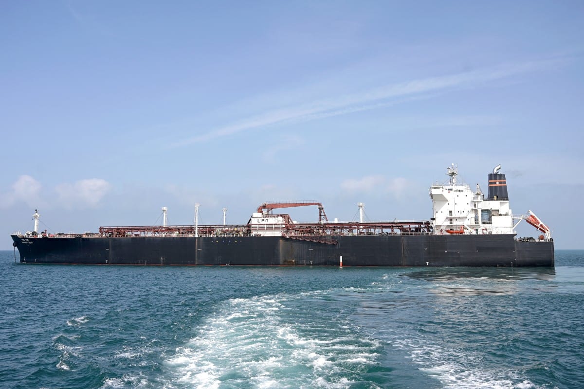 Indian vessel 'Nanda Devi' carrying liquefied petroleum gas (LPG) arrives at Vadinar Port in the Jamnagar district of Gujarat state on March 17, 2026 after Iran allowed it to pass through the Strait of Hormuz, a key energy corridor that remains disrupted by the Middle East war.