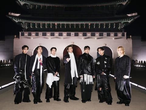 This handout photo taken on March 21, 2026 and provided by BIGHIT MUSIC / Netflix shows K-pop boy group BTS posing for their concert at Gwanghwamun Square in Seoul.