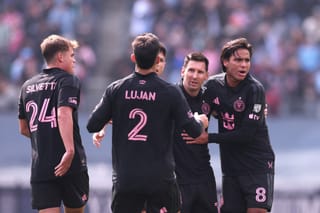 Lionel Messi #10 of Inter Miami CF celebrates with teammates after scoring the team's second goal during the MLS match between New York City FC and Inter Miami CF at Yankee Stadium on March 22, 2026 in New York, New York.