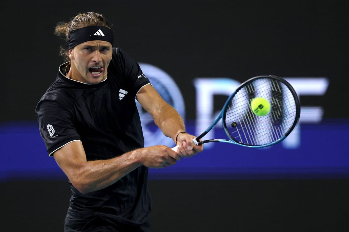 Alexander Zverev of Germamy returns a shot to Martin Damm of the United States on Day 5 of the Miami Open Presented by Itau at Hard Rock Stadium on March 21, 2026 in Miami Gardens, Florida.