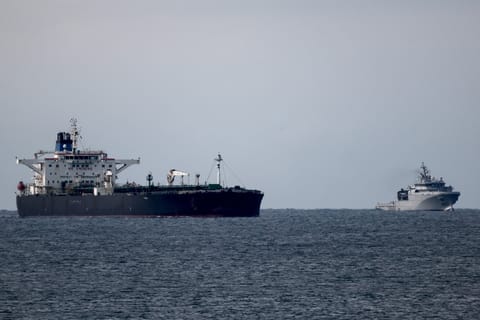 The oil tanker "Deyna" is seen outside the coast of Martigues near the port of Marseille-Fos on Marach 23, 2026.