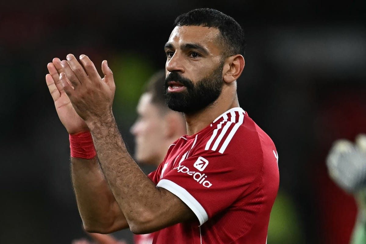 Liverpool's Egyptian striker #11 Mohamed Salah applauds the fans following the English Premier League football match between Liverpool and Aston Villa at Anfield in Liverpool, north west England on November 1, 2025.