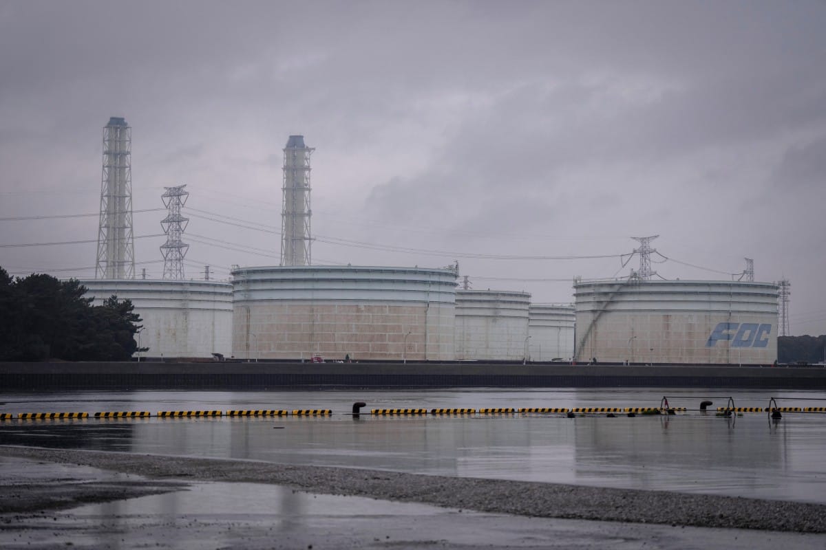 Oil storage tanks stand at Fuji Oil Nakasode Crude Storage Base, one of the sites designated for releasing Japan’s national oil reserves, in Sodegaura, Chiba prefecture on March 25, 2026.