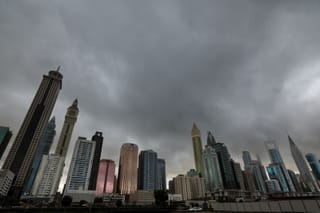 Dubai’s towering skyline meets the clouds today.