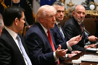 US President Donald Trump speaks, flanked by Secretary of State Marco Rubio (left), Defence Secretary Pete Hegseth (second right) and Commerce Secretary Howard Lutnick, during a cabinet meeting in the Cabinet Room of the White House in Washington, DC, on March 26, 2026.