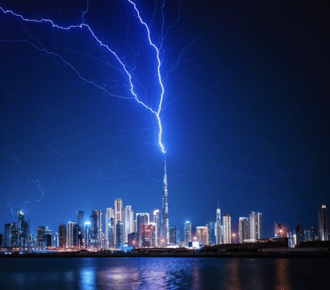 A blinding bolt tears through the storm and strikes the lightning rod atop the Burj Khalifa, as thunder rolls across Dubai and relentless rain lashes the UAE skyline. Flashes of lightning and booming thunder were reported overnight on Thursday into Friday (March 27) as weathermen sent out flash flood alerts, amid an intense weather system sweeping through the Emirates. 