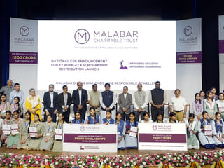 Piyush Goyal - India Union Minister of Commerce and Industry, M P Ahammad – Chairman, Malabar Group, Asher O - Managing Director - India Operations, Malabar Gold & Diamonds, Kirit Bhansali – Chairman GJEPC at the unveiling of Malabar Gold & Diamonds' CSR initiative for FY 2026 -27 along with other respected dignitaries and scholarship recipients.