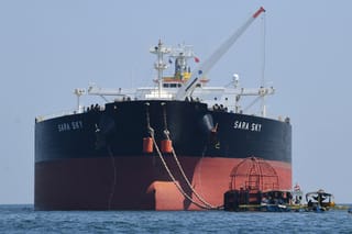 The Sierra Leone-flagged Sara Sky, which is carrying crude oil from Russia, is seen anchored at Limay port, Bataan province on March 26, 2026.