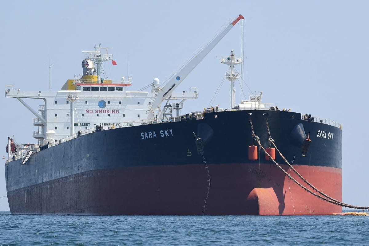 The Sierra Leone-flagged Sara Sky, which is carrying crude oil from Russia, is seen anchored at Limay port, Bataan province, northwest of Manila, on March 26, 2026.