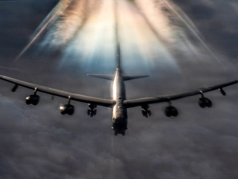 A US Air Force B-52H Stratofortress bomber aircraft prepares to refuel from a KC-135 Stratotanker aircraft during Operation Epic Fury over the US Central Command area of responsibility. 