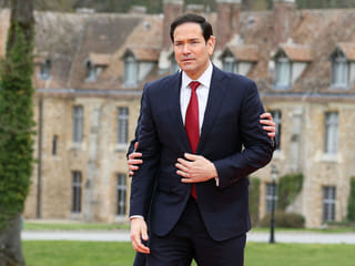 France's Foreign Affairs Minister Jean-Noel Barrot (behind) welcomes US Secretary of State Marco Rubio during a G7 Foreign Ministers' meeting at the Vaux-de-Cernay Abbey in Cernay-la-Ville outside Paris, on March 27, 2026. 