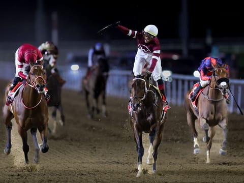 Jockey Jose Ortiz wins Race 9 during the Dubai World Cup horse race in Dubai on March 28, 2026. 
Photo: Virendra Saklani/Gulf News