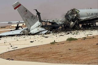 This UGC image posted on social media on March 29, 2026 and verified by AFP staff appears to show a destroyed US Air Force Airborne Warning and Control System (AWACS) aircraft, primarily used for air traffic control, in the aftermath of a projectile strike at Prince Sultan Airbase in Saudi Arabia.