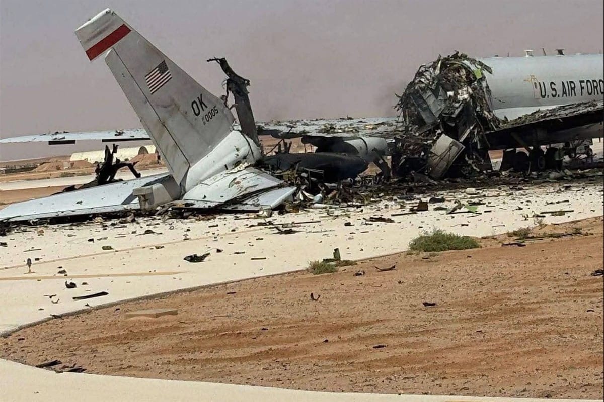 This UGC image posted on social media on March 29, 2026 and verified by AFP staff appears to show a destroyed US Air Force Airborne Warning and Control System (AWACS) aircraft, primarily used for air traffic control, in the aftermath of a projectile strike at Prince Sultan Airbase in Saudi Arabia.