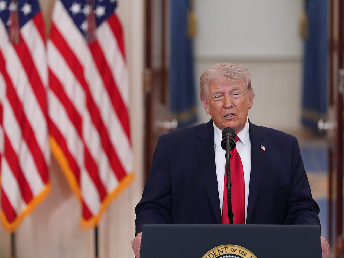 President Donald Trump speaks about the Iran war from the Cross Hall of the White House on Thursday, April 2, 2026, in Washington. 