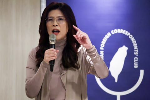 Taiwan’s main opposition party KMT chairperson Cheng Li-wun speaks at the Taiwan Foreign Correspondents' Club in Taipei on March 23, 2026.