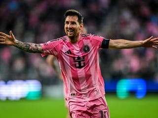Messi celebrates after becoming Inter Miami's first-ever player to score at the Nu Stadium 