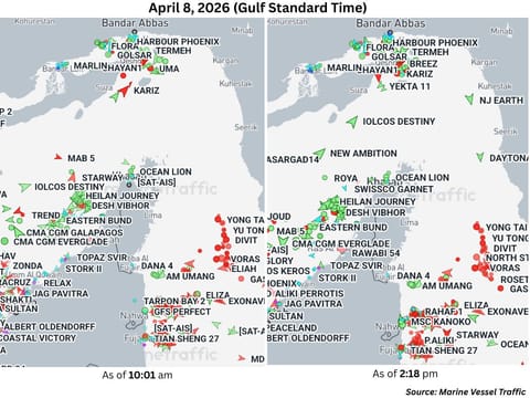 This before-and-after view captures a pivotal moment following intense diplomatic pressure. Iran agreed to guarantee safe passage for maritime traffic in exchange for the two-week pause in hostilities.
