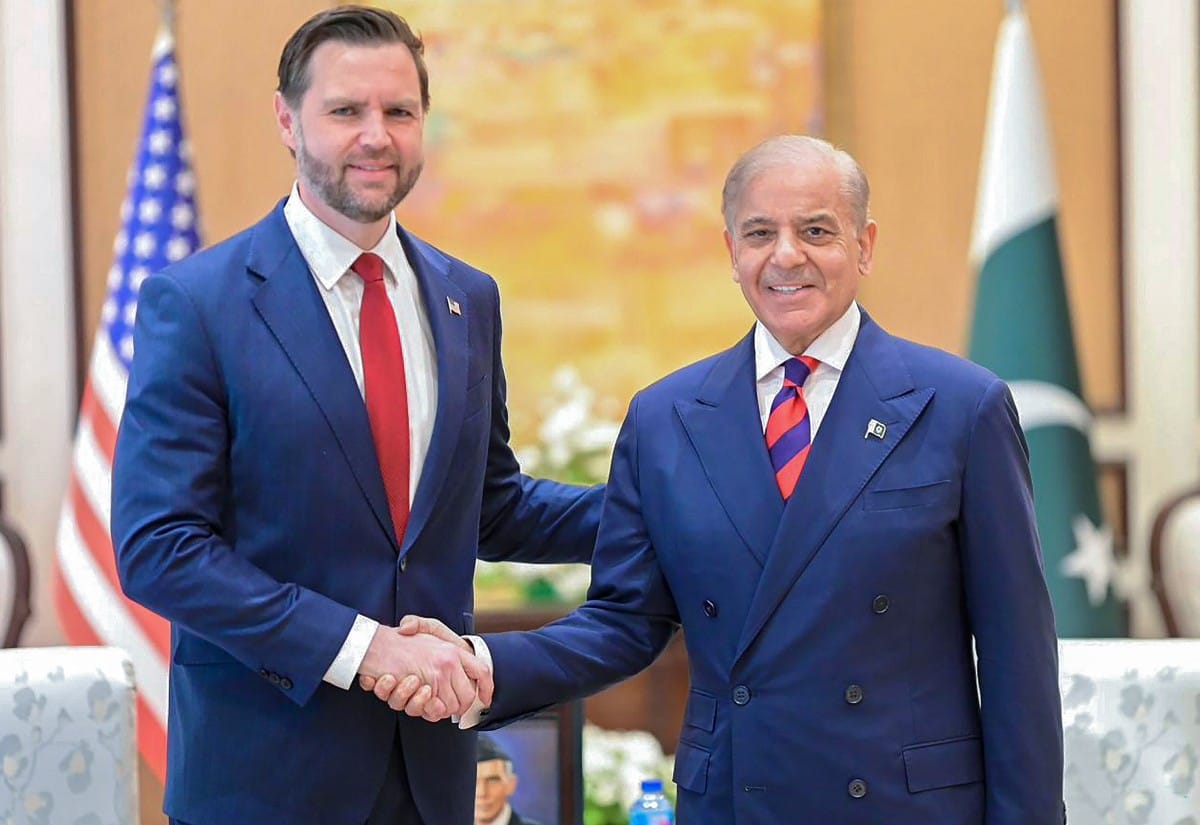 US Vice President JD Vance shaking hands with Pakistan's Prime Minister Shehbaz Sharif during their meeting before US-Iran peace talks in Islamabad.