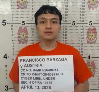 Suspended Congressman Francisco Austria "Kiko" Barzaga in a police booking photograph taken on April 13, 2026 at the Dasmariñas City Police Station, Cavite Province (south of Manila).