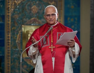 Pope Leo XIV meets the Algerian Community in the Basilica of Our Lady of Africa in Algiers, Monday, April 13, 2026, on the first day of an 11-day apostolic journey to Africa. 