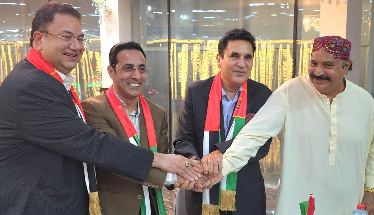 (2nd from left) Sardar Javed Yaqoob, Fraz Chaudhry and Malik Muhammad Ishaq during the solidarity event in Dubai.