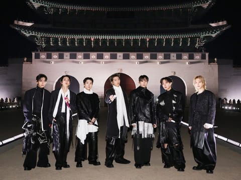 BTS posing for their concert at Gwanghwamun Square in Seoul.