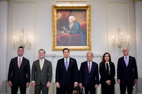 Counselor of US State Department Michael Needham, US Ambassador to the United Nations Michael Waltz, US Secretary of State Marco Rubio, US Ambassador to Lebanon Michel Issa, Lebanese Ambassador to the US Nada Hamadeh Moawad and Israeli Ambassador to the US Yechiel Leiter pose for photos before beginning working-level peace talks at the US State Department on April 14, 2026 in Washington, DC. In their first direct diplomatic talks in more than 30 years, Lebanon and Israel are preparing negotiations to potentially end Israel's conflict with the Lebanese militia Hezbollah. File photo.