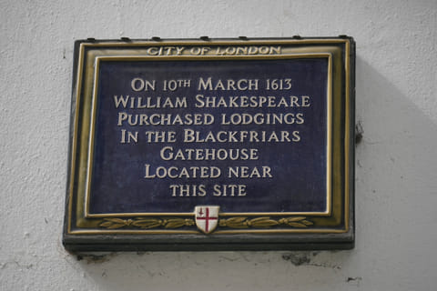 A plaque erected by the City of London to commemorate where William Shakespeare lived on a wall is pictured in London, Wednesday, April 15, 2026, he purchased lodgings in the Blackfriars Gatehouse, which was located close by. 