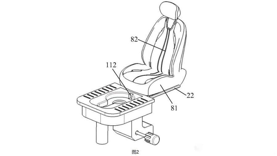 The on-the-go lavatory can be accessed manually through pushing the seat back.