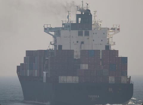 Tankers anchored in the Strait of Hormuz off the coast of Qeshm Island, Iran. 