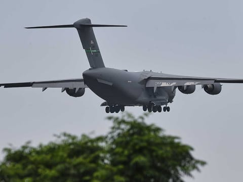 A US Air Force Boeing C-17 Globemaster III transport aircraft prepares to land at Nur Khan airbase, ahead of second round of negotiations between the US and Iran, in Rawalpindi, Pakistan, Monday, April 20, 2026. 