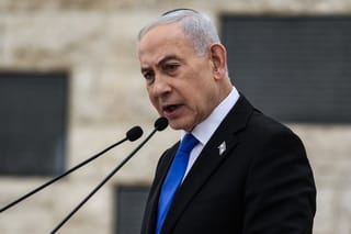 Israel’s Prime Minister Benjamin Netanyahu speaks during a ceremony commemorating Israel’s Remembrance Day for fallen soldiers, or Yom HaZikaron, at the Military Cemetery on Mount Herzl in Jerusalem on April 21, 2026.