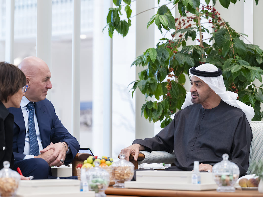 Sheikh Mohamed bin Zayed Al Nahyan, President of the United Arab Emirates (R) meets with HE Guido Crosetto, Minister of Defence of Italy (2nd L).