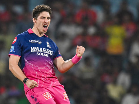 Rajasthan Royals' Nandre Burger and teammates celebrate the wicket of Lucknow Super Giants' skipper Rishabh Pant during their IPL match at Bharat Ratna Shri Atal Bihari Vajpayee Ekana Cricket Stadium, in Lucknow on Wednesday.