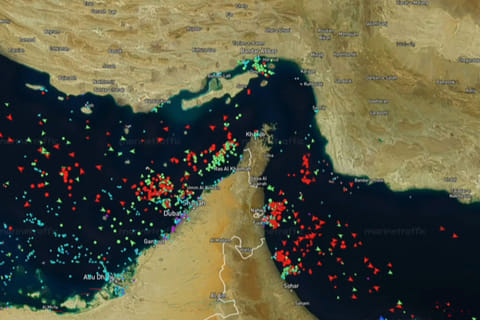 This screen grab taken from a screen recording of the MarineTraffic website on April 21, 2026, shows data visualisation of maritime traffic in the Gulf, Strait of Hormuz and Gulf of Oman from April 18 to April 20, amid a fragile US-Iran truce.  
