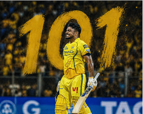 Sanju Samson celebrates after scoring record-breaking century against MI