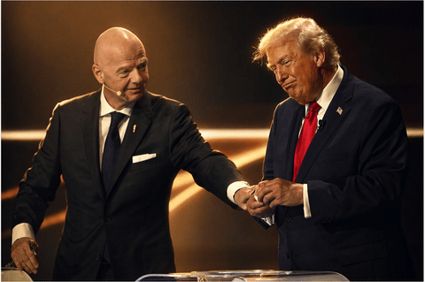 FIFA President Gianni Infantino pauses President Donald Trump during the draw for the 2026 FIFA World Cup at the Kennedy Center in Washington, Friday, Dec. 5, 2025. 