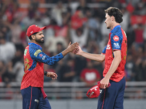 Punjab Kings Marco Jansen and skipper Shreyas Iyer celebrate their win over Lucknow Super Giants in the Indian Premier League 2026 match at Maharaja Yadavindra Singh International Cricket Stadium, in New Chandigarh, Mullanpur, on Sunday. 