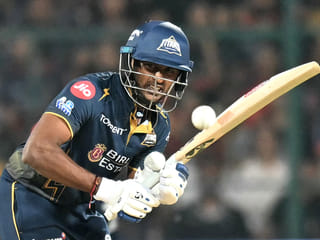 Gujarat Titans' Sai Sudharsan plays a shot during the 2026 IPL match against Royal Challengers Bengaluru at the M Chinnaswamy Stadium in Bengaluru on April 24, 2026. 