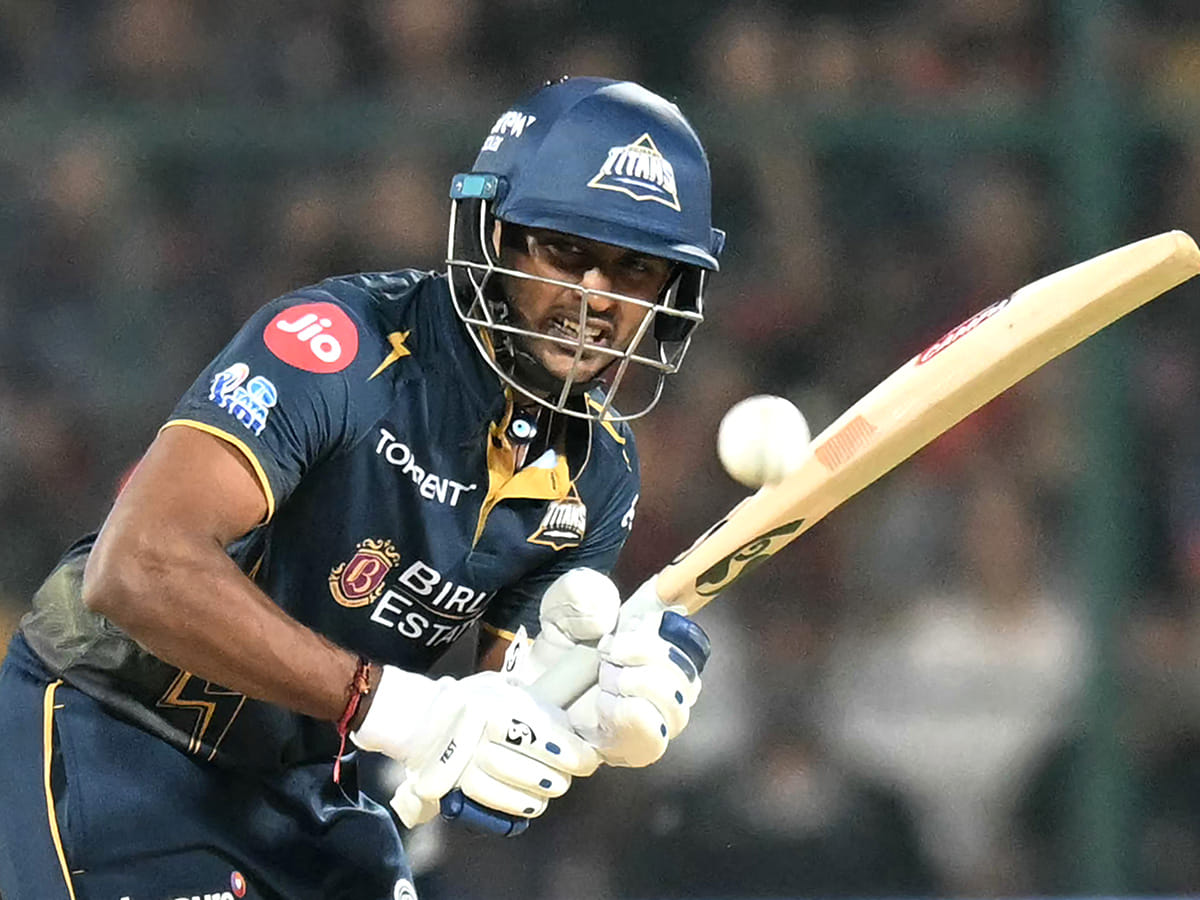 Gujarat Titans' Sai Sudharsan plays a shot during the 2026 IPL match against Royal Challengers Bengaluru at the M Chinnaswamy Stadium in Bengaluru on April 24, 2026. 