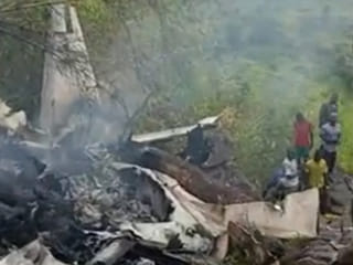 This image made from video shows the wreckage of a Cessna aircraft after it crashed southwest of Juba, South Sudan, Monday, April 27, 2026. 
