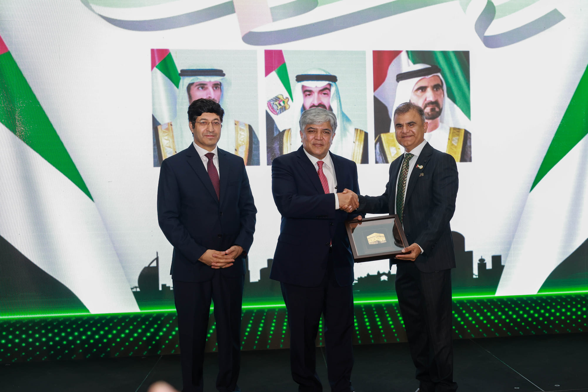 Pakistan Ambassador Shafqat Ali Khan (centre); Consul General Hussain Muhammed and Dr Zafar Tahir at the event in Dubai.