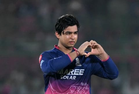 Rajasthan Royals' Indian cricket player Vaibhav Sooryavanshi celebrates after scoring a century (100 runs) during the 2026 Indian Premier League (IPL) T20 match between Rajasthan Royals and Sunrisers Hyderabad at the Sawai Mansingh Stadium in Jaipur on April 25, 2026.