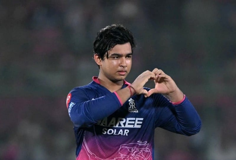 Rajasthan Royals' Indian cricket player Vaibhav Sooryavanshi celebrates after scoring a century (100 runs) during the 2026 Indian Premier League (IPL) T20 match between Rajasthan Royals and Sunrisers Hyderabad at the Sawai Mansingh Stadium in Jaipur on April 25, 2026.