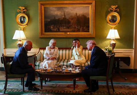 President Donald Trump and first lady Melania Trump greet King Charles III and Queen Camilla as they arrive at the White House.
