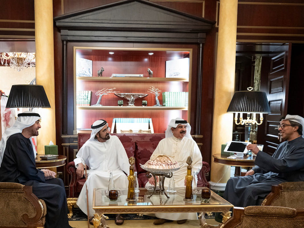 Sheikh Mohamed bin Zayed Al Nahyan (left),  Sheikh Mohamed bin Rashid Al Maktoum (2nd L) meet with King Hamad (3rd L), and Sheikh Mansour (R).