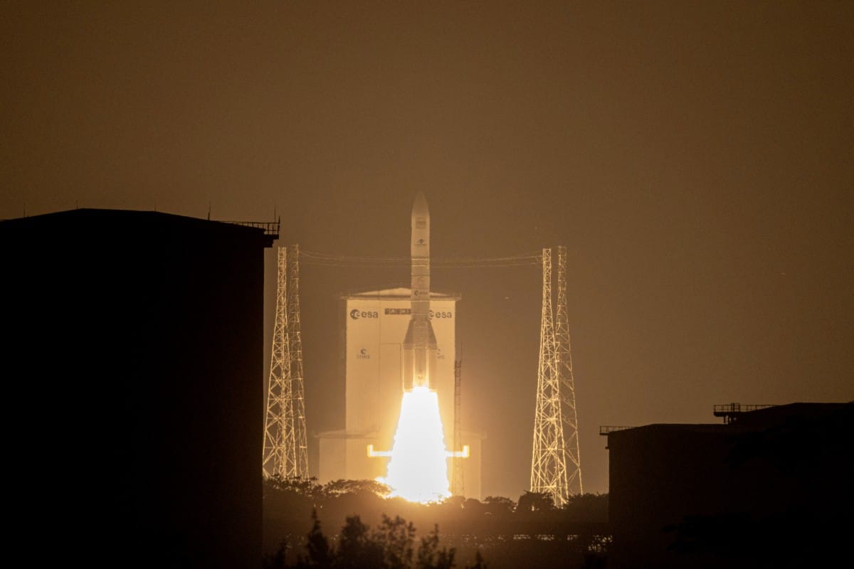 Arianespace's Ariane 6 rocket carrying the Amazon Leo LE-02 payload launches as part of Flight VA268, at the Guiana Space Centre in Kourou, on the French overseas department of Guiana on April 30, 2026.